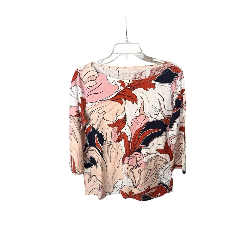 Ann Taylor Factory Top Knit Pullover Women’s M Boat Neck 3/4 Sleeves Pink Floral